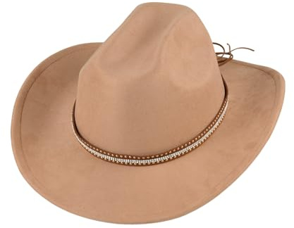 Modischer Cowboy-Cowgirl-Hut mit breiter Krempe, Filzhut, Cowboyhüte für Damen und Herren, Fedora-Hut mit silbernen Nieten, Lederhutband (Kamel), camel, Einheitsgröße