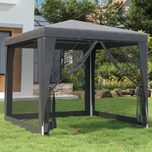 Myheimly Partyzelt mit 4 Mesh-Seitenwänden Anthrazit 2,5x2,5 m HDPE Gartenzelt Festzelt Pavillon Zelt Gartenpavillon Gazebo Gartenlaube Bierzelt Faltzelt Camping