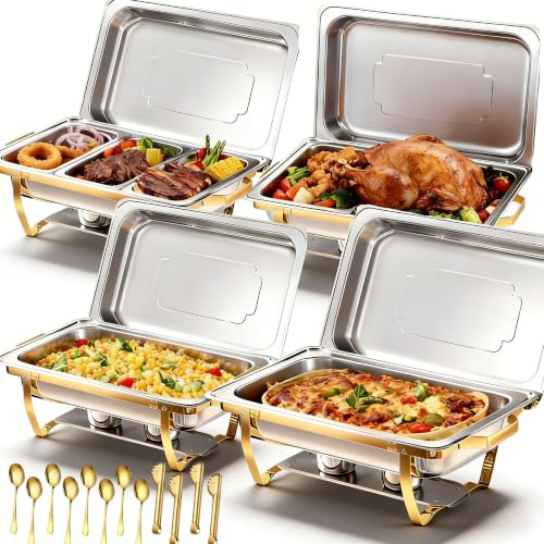 EffiQ-Rate 4 Pezzi Oro Inox Buffet Set, 9QT Scaldavivande Professionale con Coperchio, 7 Pentole e Utensili, Food Warmer Catering Server per Feste, Matrimoni ed Eventi di Catering All'aperto