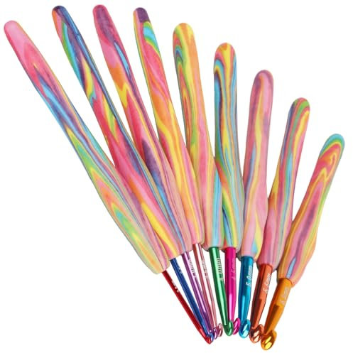 Coopay Juego de ganchos de ganchillo, juego de ganchos de ganchillo arcoíris con mango de agarre suave, 9 kits de ganchillo para principiantes y adultos, gancho ergonómico para principiantes, agujas
