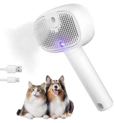 CloudValley Rechargeable Cat Steam Brush For Shedding, 4-in-1 Self-Cleaning Pet Massage Brush, Pet Spray Hair Removal Combfor Long & Short Haired Dogs Cats with Release Button,White