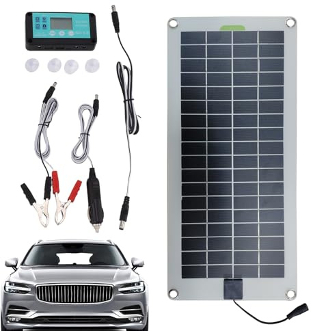 Cargador de batería Solar, 30W 12V Panel Solar Cargador de batería Carga por, Plug and Play Panel Solar Kit de Carga por con Enchufe más Ligero y Clip de para Car Automotive RV