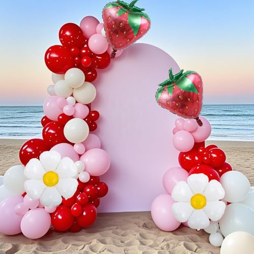 Hyballustw Erdbeer-Dekorationen, Gänseblümchen-Luftballons mit Erdbeer-Ballons für den ersten Geburtstag, Dekoration, Babyparty-Dekorationen