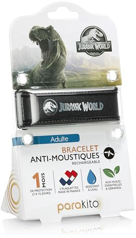 PARAKITO - Bracelet Anti-Moustiques Réutilisable - 2 Plaquettes Incluses aux Huiles Essentielles - 1 Mois de Protection - Sans DEET - Taille Adulte (Jurassic World)