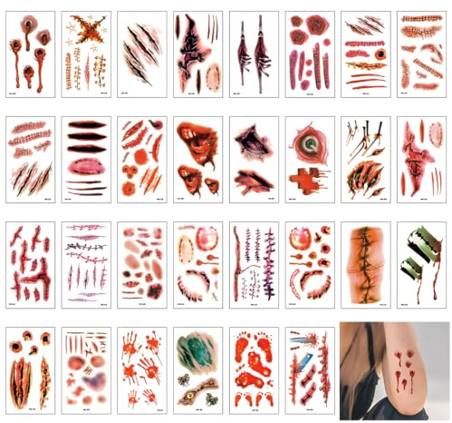VYIBPDY 30 Pièces Cicatrice Halloween Tatouage, Faux Sang, Fausse Blessure Tatouage pour Visage, Vampire Cosplay Maquillage Props Costume Halloween Accessoire