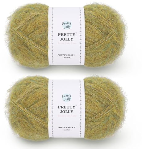 Pretty Jolly 2 Skeins Long Pile Mohair Yarn(Grass) | Fluffy & Fuzzy, Luxurious & Thin, Slik Wool Blend Yarn for Crochet & Knitting, Total 80g/720m