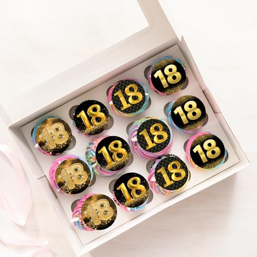 18th Black & Gold Happy Birthday Wafer Rice Paper Cupcake Topper Cake Decoration Pack of 24