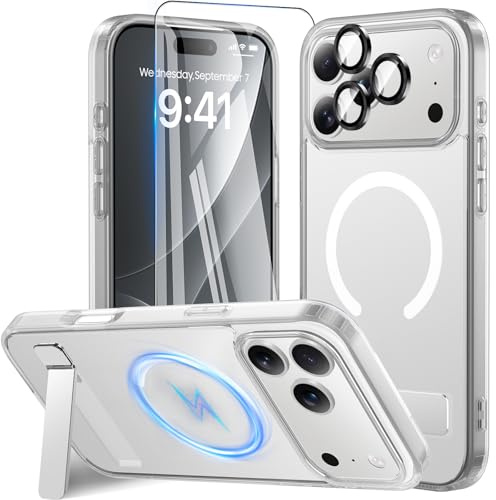 Hensinple für iPhone 17 Pro Hülle 2025 für Mag-Safe [mit Ständer] Schutzfolie & Kameraschutz, Magnetische Handyhülle Stoßfest Kratzfest Matt Schutzhülle Case für iPhone 17 Pro 6,3 Zoll (Transparent)