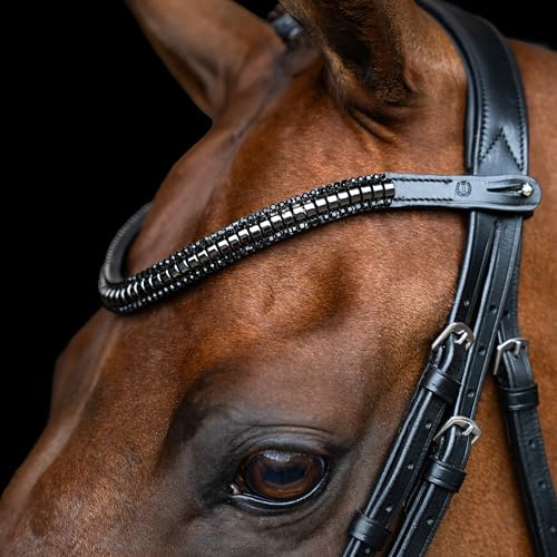 Imperial Riding Stirnriemen IRHClincher, Stirnband aus Leder mit Metall-Clincher und Glas-Strasssteinen, Stiftverschluss, Schwarz, Full