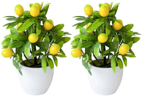 Lawnrden Lemon Tree Artificial, 2 Pack Artificial Lemon Tree, Realistic Potted Plant with White Pot, Kitchen Decor for Home Office Table Centerpieces