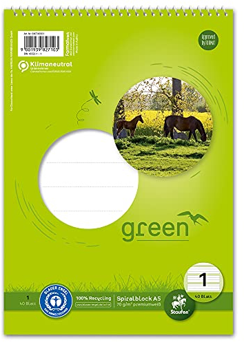Staufen Green Spiralblock - DIN A5, Lineatur 1 (5/5/5mm liniert, farbig hinterlegte Lineatur), 40 Blatt, premiumweißes 70g/m² Recyclingpapier, 1 Stück