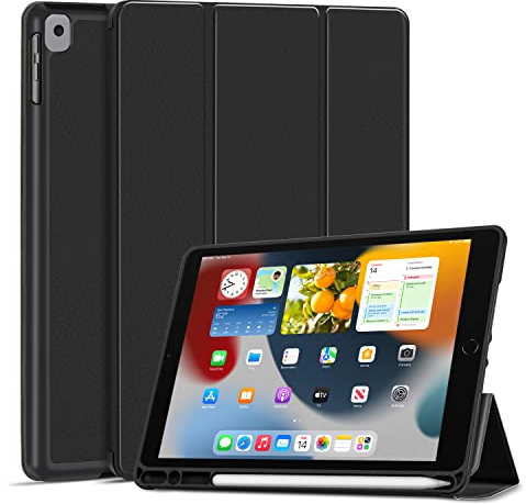 TNP Case for iPad 9th Gen 2021/iPad 8th 2020/iPad 7th 2019 Generation Protective Cover with Pencil Holder - 10.2 inch Slim Soft TPU Trifold Stand PU Leather Folio Auto Sleep Wake - Black