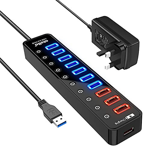 Atolla USB Hub Powered, 11-Port USB 3.0 Extension Splitter(7 USB 3.0 Data Ports+4 Smart Charging Ports)with Individual On/Off Switches and 12V/4A Power Adapter for High Power devices.