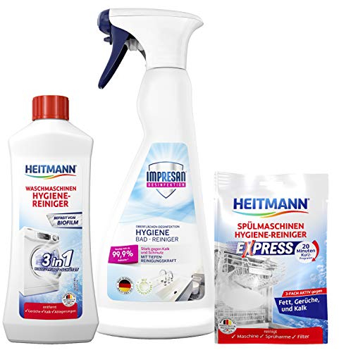 HEITMANN Spülmaschinen Reiniger 30g + HEITMANN Waschmaschinen Reiniger 250 ml + Impresan Bad-Reiniger 500ml: Bündel für hygienische Sauberkeit den Haushalt, Hygiene Reinigung