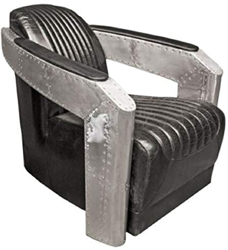 Casa Padrino Art Deco Aluminium Echtleder Sessel Schwarz/Silber 74,5 x 94 x H. 78 cm - Flugzeug Flieger Möbel - Club Sessel - Lounge Sessel