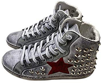 VIA CONDOTTI Scarpe Sneakers Alte Uomo Donna Pelle sfumato Stella Rossa Borchie Cono Argento