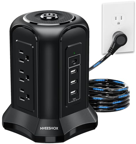 NVEESHOX Power Strip Tower Surge Protector, 9 AC Outlets, 3 USB Ports, One Type C USB Charging Port, 9.8ft Heavy Duty Power Cale for Office, Home, Cafe, Shop, Restaurant