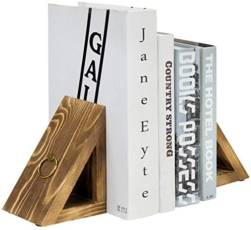 MyGift Serre-livres rustique en bois brûlé avec design triangulaire, serre-livres décoratifs en bois avec anneau en laiton, 1 paire