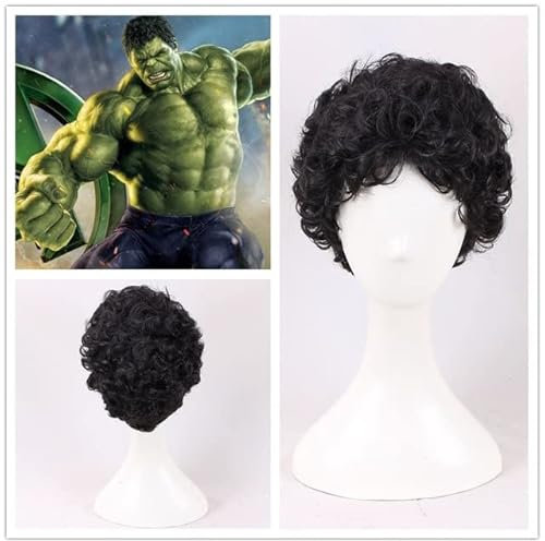 Wig for Superhero The Incredible Hulk Cosplay Wig Plant Hulk Robert Bruce Banner Curly Black Synthetic Hair For Adult + Wig Cap Black