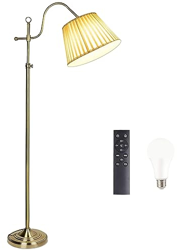 LANMOU Gold Stehlampe Wohnzimmer, 12W LED Stehleuchte Dimmbar mit Fernbedienung, Weiß Stoff Lampenschirm, Retro Metall Kupfer Stehleuchte für Schlafzimmer Arbeitszimmer Büro Hotel, E27 Fassung Max 60W