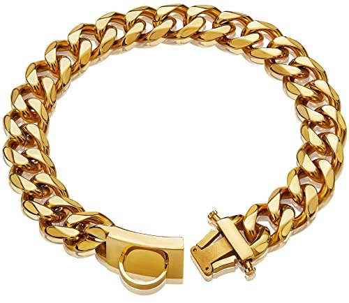 Goldenes Hundehalsband mit Metallkette, mit Design, sicherer Schnalle, 18 Karat vergoldetes kubanisches Glied, 19 mm dick, robust, kaufest, für kleine Hunde (30,5 cm)