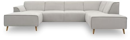 DOMO. collection Wohnlandschaft Jules FK, skandinavisches Sofa mit Federkern, Couch in U-Form mit Holzfüßen, 333 x 191 x 81 cm (BxTxH), Longchair links, hellgrau