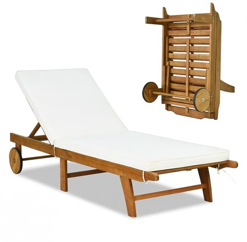 COSTWAY Lettino Prendisole Pieghevole, Lettino da Giardino in Legno di Eucalipto con Ruote e Cuscino, Schienale Regolabile 6 Posizioni, Tessuto Senza Fluoro, per Piscina e Spiaggia, Portata 160 kg (1)