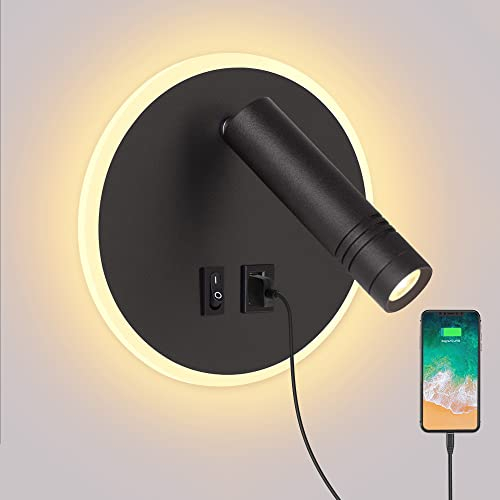 ERWEY Leselampe Wandmontage, LED Bettlampe verstellbar 3W 4000K+5W 3000K Wandlampe Wandleuchte mit Schalter und USB-Ladeanschluss für Bett, Schlafzimmer, Schwarz