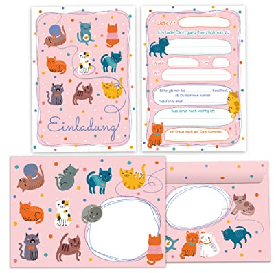 Junapack 12 Einladungskarten incl. 12 Umschläge zum Kindergeburtstag Mädchen Jungen Katzen Katze