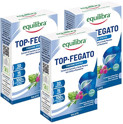 Equilibra Integratori Alimentari, Top Fegato, Integratore Depurativo Fegato per la Normale Funzione Epatica, Con Aloe Vera, Cardo Mariano, Colina, Carciofo, Rosmarino, 3 Pezzi da 30 Compresse
