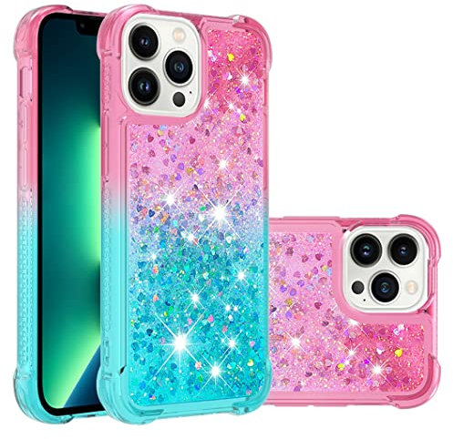 IMEIKONST Compatible with iPhone 13 Pro Glitter Case, Liquid Sparkle Quicksand Transparent Sequin Slim Girls Soft TPU Bumper Silicone Shockproof Cover for iPhone 13 Pro. Pink Blue YB