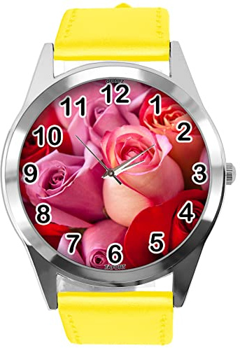 TAPORT Yellow Leather Round Watch for Flowers Fans e3