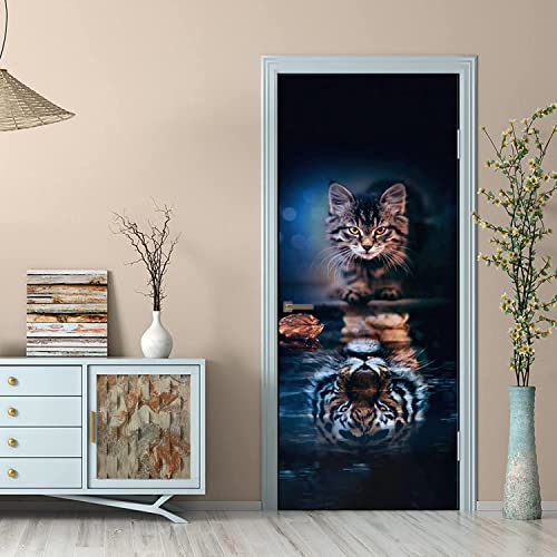 VIRANDA Stickers Porte 3D Auto-adhésif - chat devient tigre - PVC Autocollants de Décoration pour Porte 77 x 200 cm
