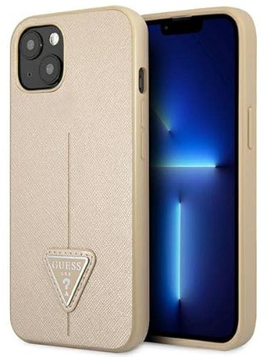 GUESS GUHCP14MPSATLE Hard Case for iPhone 14 Plus 6.7 Inches Beige with Saffiano Triangle Logo