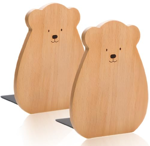 behone Buchstütze,1 Pair Wooden Bookends Kleiner Bär Buchstützen for Books 15 x 12 x 10.5 cm for School, Home, Office and School