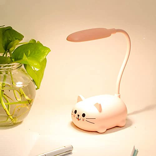 PKKP Schreibtischlampe Kinder, Kawaii Katzen Tischlampe mit USB Aufladung Akku, Faltbar Mini Nachttischlampe LED Augenfreundlich Leselampe Geschenk für Junge, Mädchen,Freudi (Rosa)