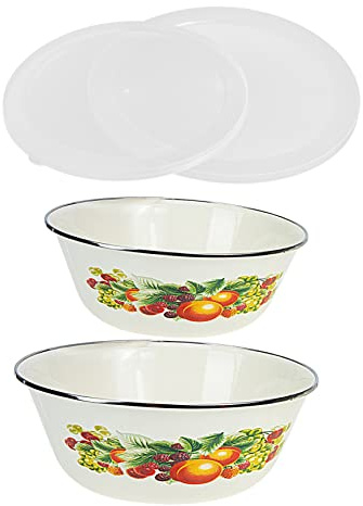 DOITOOL Enamel Bowl with Lid Set 8 Inch Thickened Metal Soup and Salad Bowls for Kitchen Food Storage and Serving Retro Style Household Containers