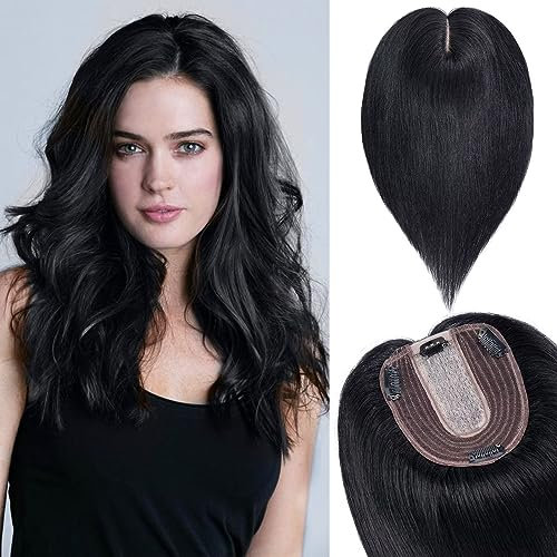 TESS Hair Topper Echthaar Schwarz, 10x12cm Basis Toupet Damen #1 Schwarz Haartopper Echthaar 40g 30 cm Haar Topper Clip in Haarteil Extensions