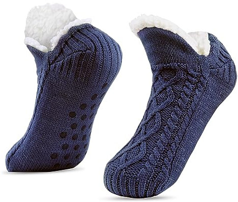 SIHOHAN Slipper Socks Mens with Grippers Thermal Fluffy Cozy Bed Socks for Men Non Slip Winter Warm Fleece Lined Knitted Socks (Navy)