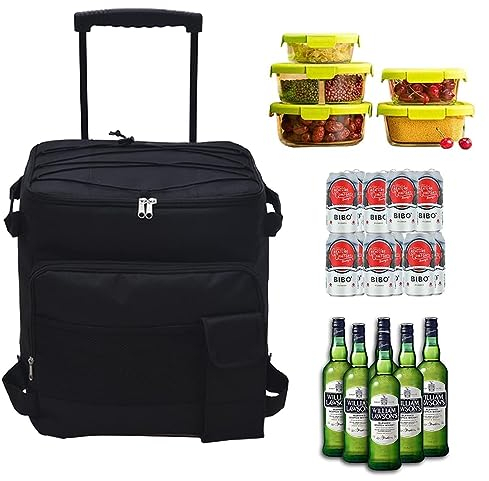 43L Kühltasche Große Picknicktasche Faltbar Lunchtasche Mittagessen Tasche Thermotasche Isoliertasche mit Spurstangen und Rollen für Campingtasche Picknick Outdoor Reisen Einkauf Auto (Schwarz)