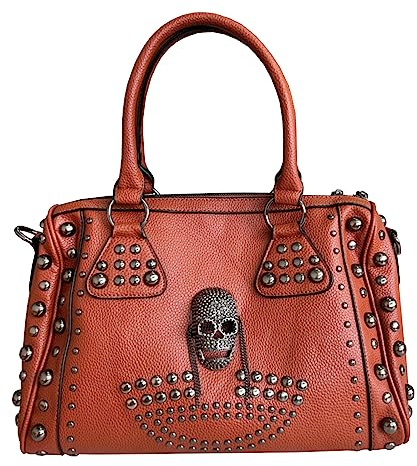 AlwaySky Womens Schädel Handtasche Grosse Kapazität Gothic Umhängetasche Beschlagene Doktor Handtasche (Braun)