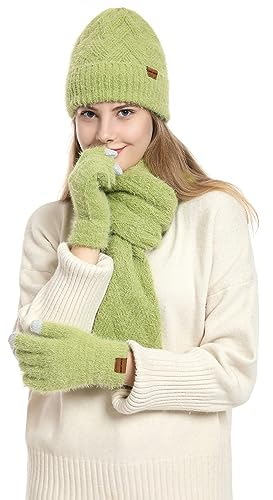 CAMLAKEE Damen Mütze Schal Handschuhe Set Frauen Winter Beanie Wintermütze DamenSchal Handschuh für Teenager Mädchen Grün