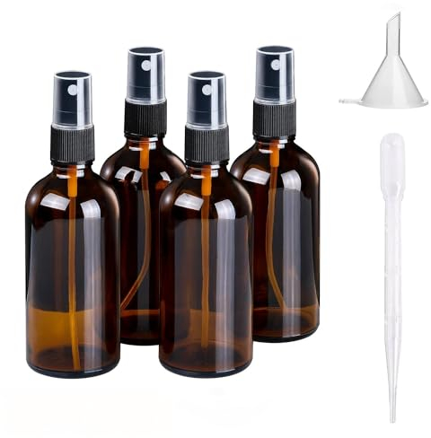 HSLUBI Sprühflaschen Glas 100ml, 4 Stück, Braun Parfum zerstäuber, Es hat eine Zerstäubungsfunktion und eine anti-ultraviolette Wirkung, für Ätherische Öle, Parfums