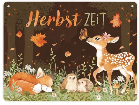 Tiere des Waldes Metallschild XL in 21x28 cm mit Spruch Herbstzeit ein buntes Schild mit Fuchs Igel und Reh für Naturfreunde Waldtiere Dekoration Herbststimmung Blechschild Wald