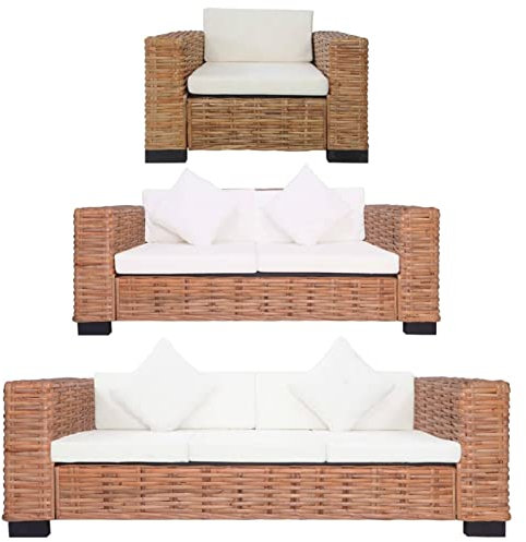 Camerina 3-TLG. Sofagarnitur mit Auflagen Natur Rattan Couchbar Sofa Schlafsofa DauerschläFer