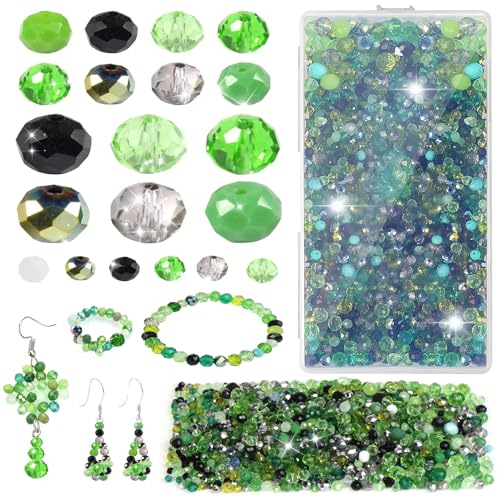 TAIHOBO Lot de 1020 Perles pour Bijoux Vert, Perles en Verre Facettées à Enfiler, Perles pour Bracelet de 4 6 8mm pour Bracelets, Perles pour la Fabrication Bijoux Creation pour Adulte et Enfants