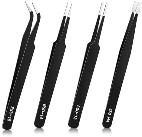 Set di Pinzette di Precisione, 4 Pezzi Pinzette Antistatiche in Acciaio Inossidabile, Pinzette Industriali, Pinzette Modellismo per Elettronica, Laboratorio, Riparazione