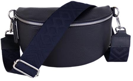 MIRROSI® Bauchtasche Damen, Echtleder, Made in Italy, Umhängetasche, Brusttasche, Crossbody Bag (1 Tasche & 2 Gurte) (Navy (Fischgerät), Große Tasche (28x18x9cm))