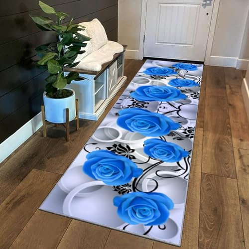 Siunwdiy Tapis de Cuisine Long Bleu Rose Gris Noir 140x420cm Motif Floral 3D Tapis Couloir Long Tapis Cuisine Devant Evier Lavable Tapis de Couloir Antidérapant Tapis pour Chambre Adulte Salon