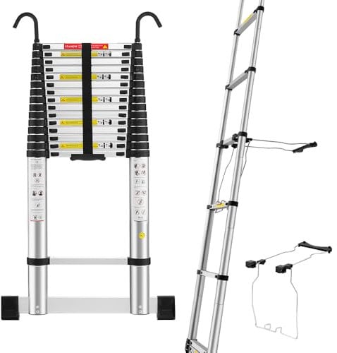 STANEW Escalera Telescópica 6.2M de Aluminio con Estabilizador de Escalera, Escalera Extensible con Barra de Equilibrio Inferior y Ganchos Extraíbles Adecuado, Plegable, Carga 150 kg